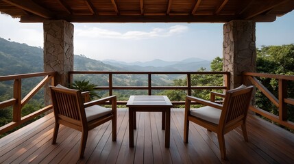 Obraz premium Wooden veranda with chairs and table overlooking a serene mountain landscape