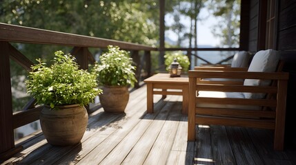 Fototapeta premium A serene wooden porch with potted plants and outdoor furniture overlooks a tranquil lake under the midday sun