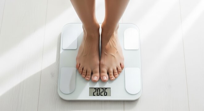 Person's standing barefoot on digital white body weight scale with numbers 2026 on display. Focus on healthy food and lifestyle, lose extra weight, New Year resolutions