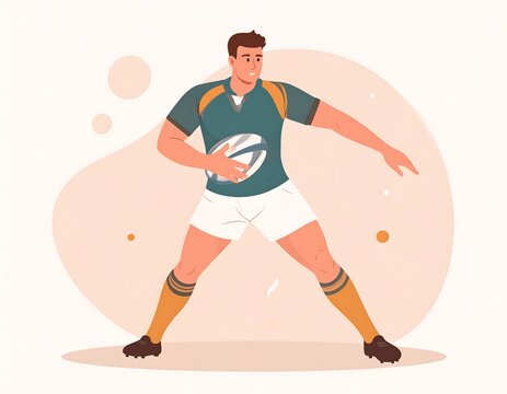 Illustration of a sportsman poised to pass a ball. He is wearing a uniform and set against a soft, abstract background