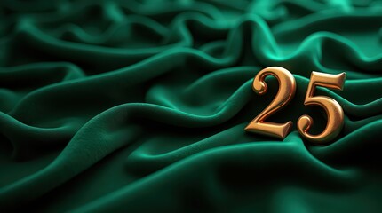 Golden Number 25 on Flowing Emerald Green Fabric numeral