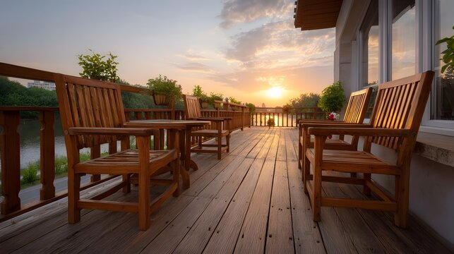 Wooden deck with chairs and tables overlooking tranquil water during a vibrant sunset