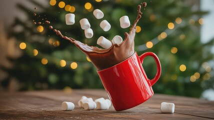 Marshmallows Splashing into Hot Chocolate in Red Mug Keywords: hot chocolate, marshmallows