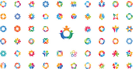 Abstract logo grid—63 colorful icons of motion, unity, and collaboration for branding and community visuals