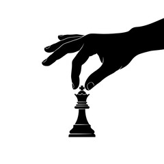 Silhouette of a hand delicately picking up a black chess king piece isolated on white background