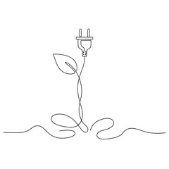 Continuous line drawing of an electrical plug transforming into a growing plant leaf, isolated on transparent background