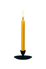 A single tall yellow taper candle burning brightly in a small holder, isolated on transparent background