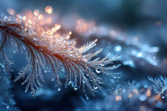Frosty fern with water droplets in twilight