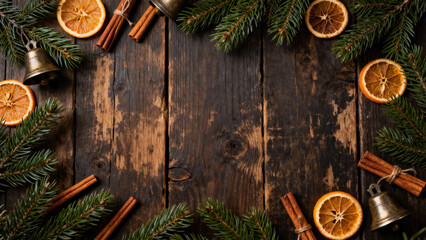 Rustic Wooden Table with Christmas Decorations Border