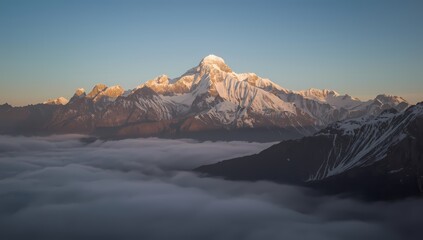 Stunning mountain peak piercing through ethereal clouds at sunrise makes you feel on top of the world, perfect for travel ads or motivational content