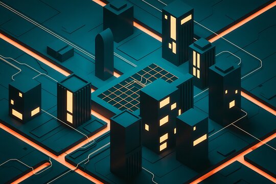 Futuristic cityscape with glowing lights and modern architecture design