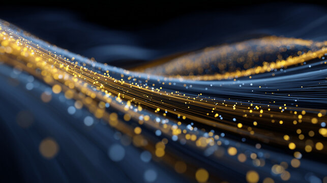 Dynamic Financial Data Flow - Blue and Gold Particle Streams Merging in Digital Network Visualization