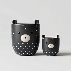 Cute black polka dot bear mugs on light background