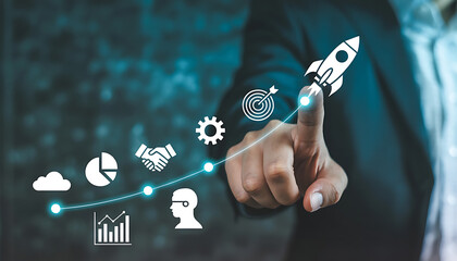 Data science business analysis and strategy big data conceptBusiness teamwork analyzing financial graph on virtual touch screen futuristic technology solution for business development : Generative AI