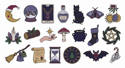 Whimsigoth Christmas Vector Icon Set with Mystical Celestial and Witchy Holiday Elements