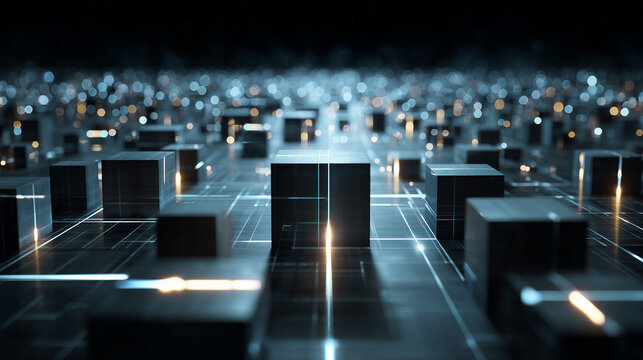 Data Warehouse Concept: Futuristic Server Cube Visualization of Digital Infrastructure Network