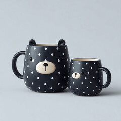 Cute polka dot bear mugs in black ceramic on light background