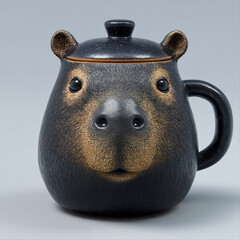 Black ceramic mug shaped like a capybara on light background