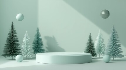 Winter wonderland scene with Christmas trees and podium