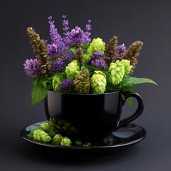 Black cup filled with hop cones and purple wildflowers on dark background