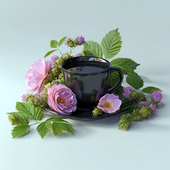Black cup with herbal tea surrounded by pink roses and hop cones