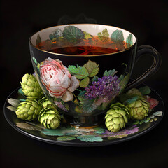 Elegant black floral cup of herbal tea with hop cones and roses on dark background