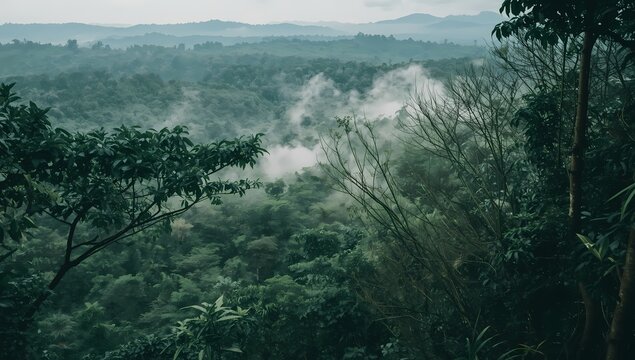 Explore a lush green landscape where misty clouds drift through the trees, creating a peaceful, serene atmosphere perfect for travel blogs and nature documentaries