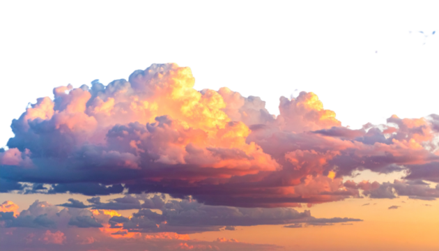 Dramatic Cumulus Clouds Illuminated by Golden Sunset or Sunrise Light, Isolated on Transparent Background - Cut Out