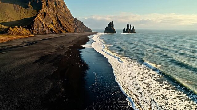 Black sand beach with ocean waves and rock formations