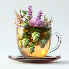 Aromatic Herbal Infusion With Hops, Lavender, Mint And Rose In A Glass Teacup