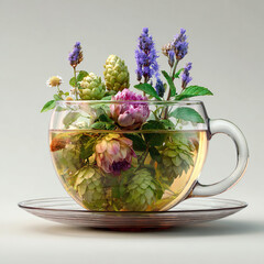 Aromatic Herbal Infusion With Hops, Lavender, Mint And Rose In A Glass Teacup