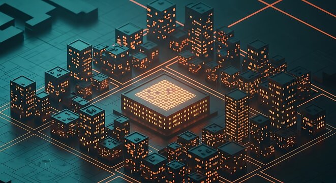 Futuristic cityscape glows, representing advanced technology and innovation