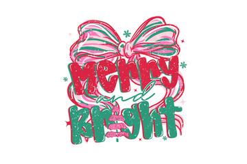 Merry and Bright, Christmas Quote with Large Pink and Green Plaid Bow illustration Sublimation Design 