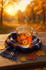A cup of herbal hot tea and a scarf on a table against the backdrop of an autumn forest