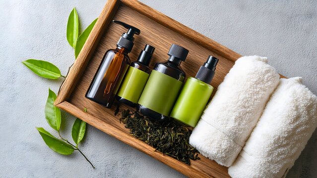 Spa products arranged on wooden tray, evoke serenity with lotions, towels, and leaves. These products enhance the feeling of relaxation