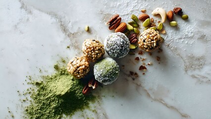 A delicious assortment of handmade energy balls and nuts arranged on a marble surface