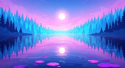 Dreamy sunset reflecting over tranquil lake with vibrant blue forest