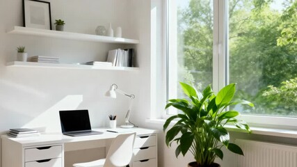 Modern home office interior with laptop on white desk and sunny window view. Empty workspace with shelves and green plant for remote work concept - Powered by Adobe