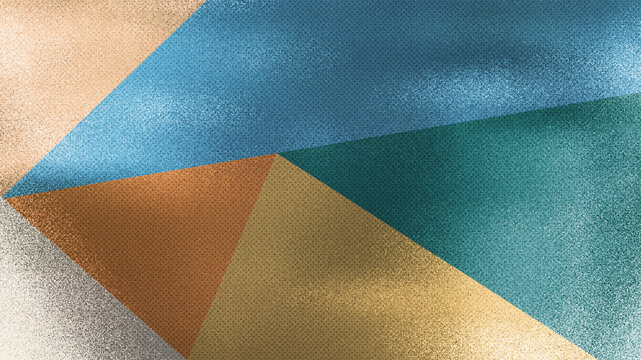Abstract composition of overlapping triangular shapes, Rough granular texture with a metallic shimmer effect, Luxurious blend of teal blue, copper, gold, and light beige colors