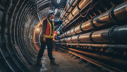 Female Engineer Inspecting Large Industrial Pipelines in Tunnel with Safety Gear