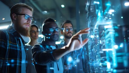 A diverse group of individuals examining high-tech futuristic display. They are fully engaged, exploring advanced technological interface