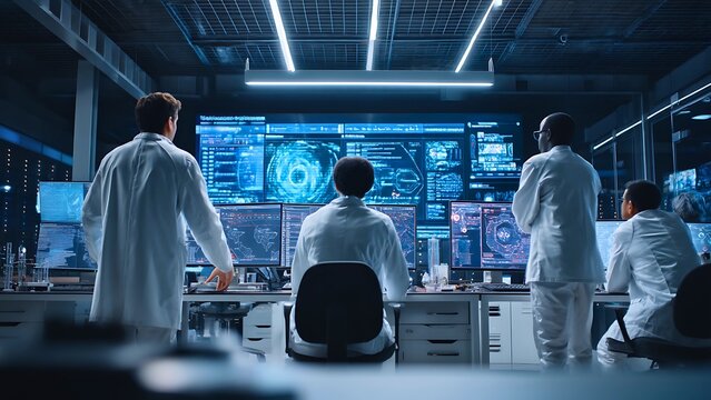 A group of scientists in lab coats analyze data displayed on large computer screens