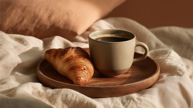 Breakfast scene with coffee cup and croissant on wooden tray in soft morning light - Powered by Adobe