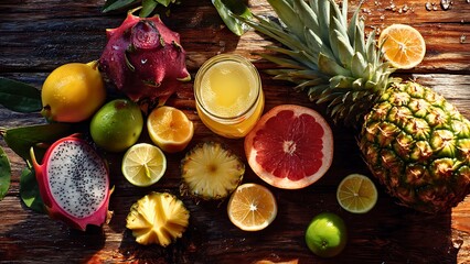 A vibrant arrangement of exotic fruits, inviting you to enjoy the fresh flavors of summer