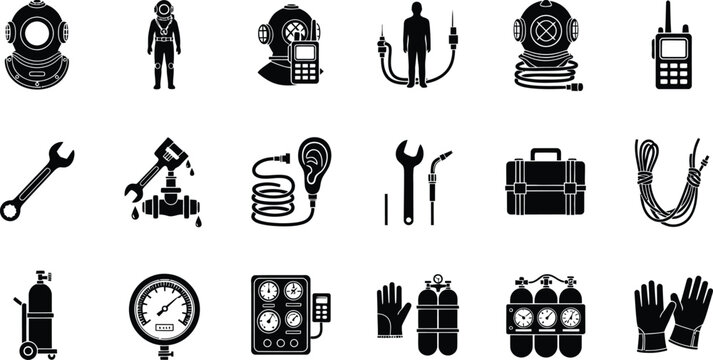 Collection of diving tools and equipment black silhouettes