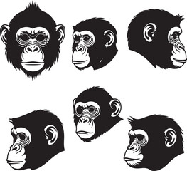 Four monkey head silhouettes in different views isolated on white background