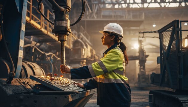 Female Engineer Wearing Safety Helmet and Reflective Jacket Operating Machinery in Industrial Factory - Powered by Adobe