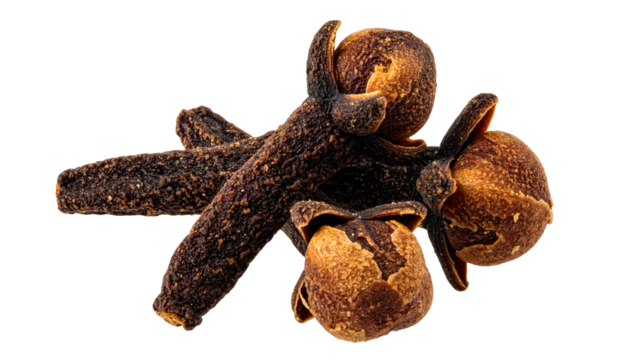 Three dried brown cloves, seen close up against a black background