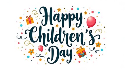 Soft pastel Children’s Day hand lettering surrounded by doodled stars, hearts, and floating balloons