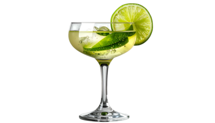 Elegant cocktail with lime garnish and ice in a coupe glass